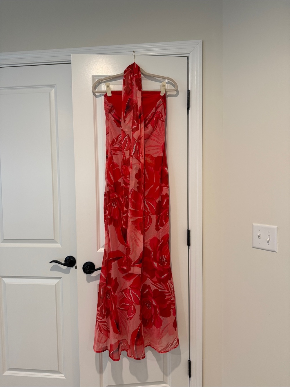 Red Strapless Floral Maxi Dress with Scarf - Picture 2 of 4